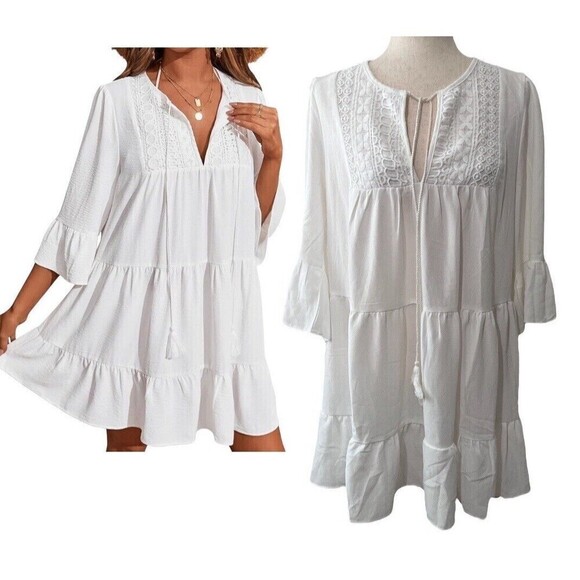 bmjl Other - BMJL Swim Cover Up Mini Dress Women Size M White Boho NWT Beachy 3/4 Sleeve